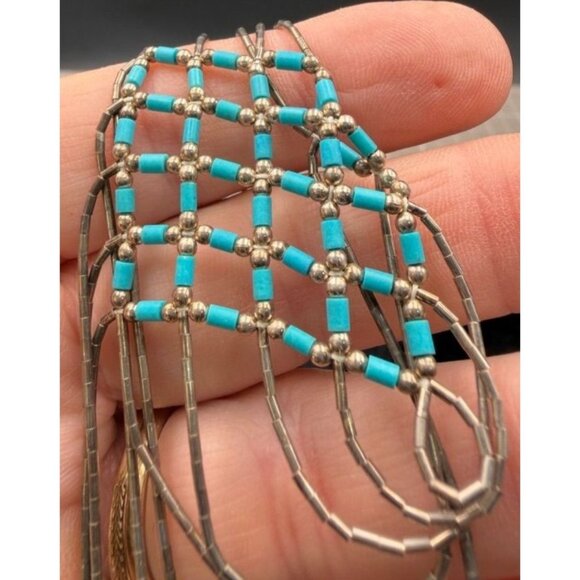 Vintage Southwestern 5 Strand Liquid Sterling Silver Weave with Teal Blue Beads - Picture 3 of 8